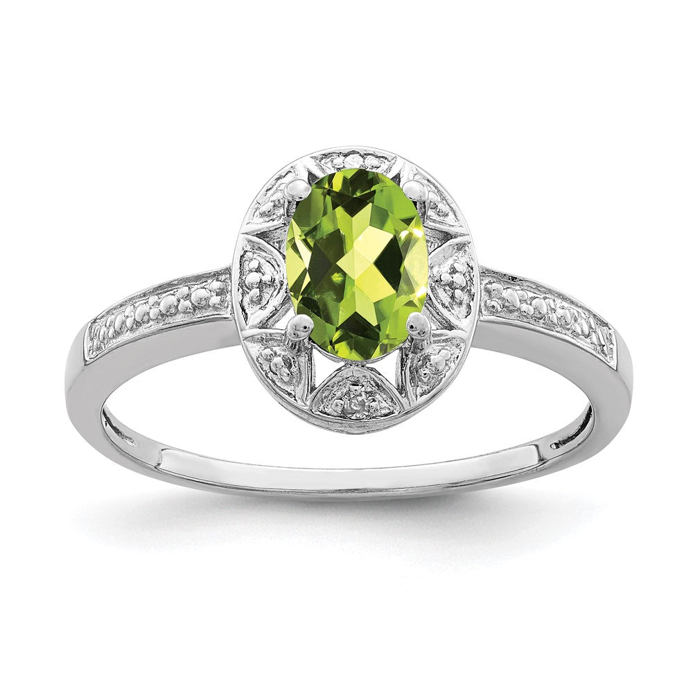 Sterling silver;Peridot;Rhodium-plated;Oval