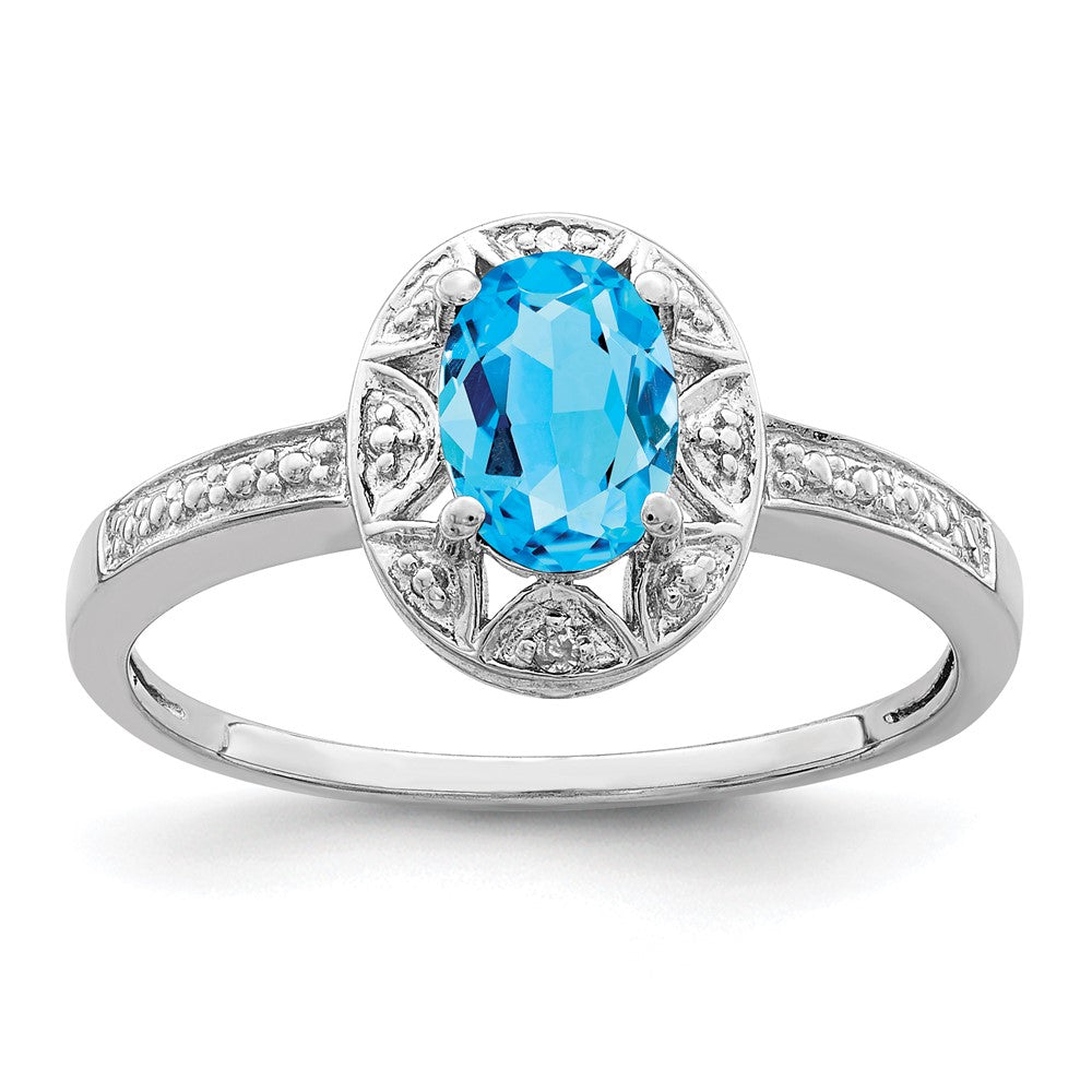 Polished;Sterling silver;Diamond;Rhodium-plated;Oval;Blue Topaz