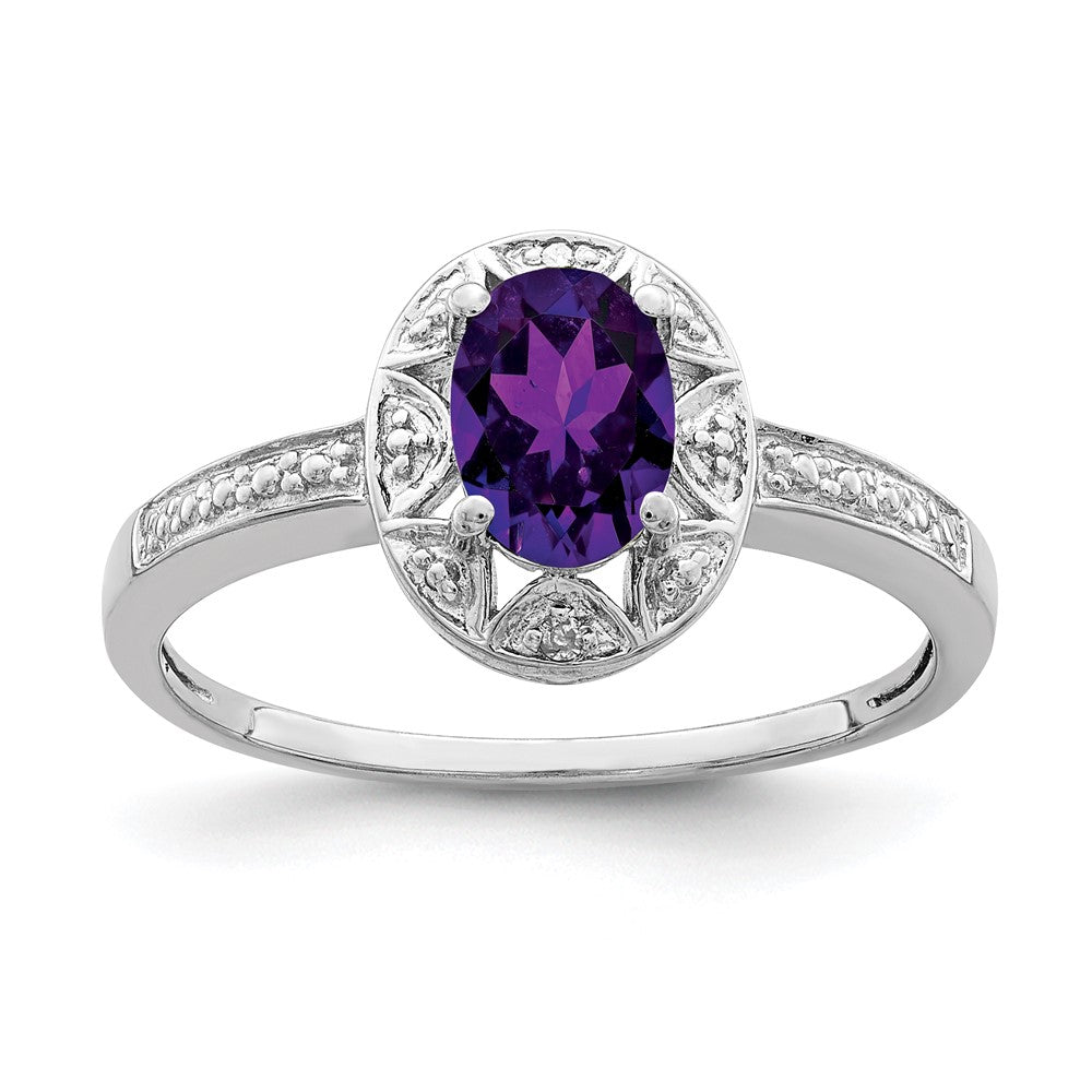 Polished;Sterling silver;Amethyst;Diamond;Rhodium-plated;Oval