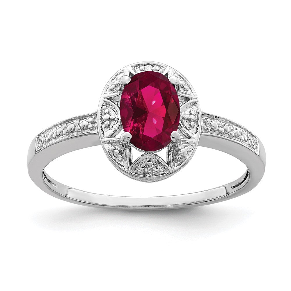 Polished;Sterling silver;Diamond;Rhodium-plated;Oval;Created Ruby