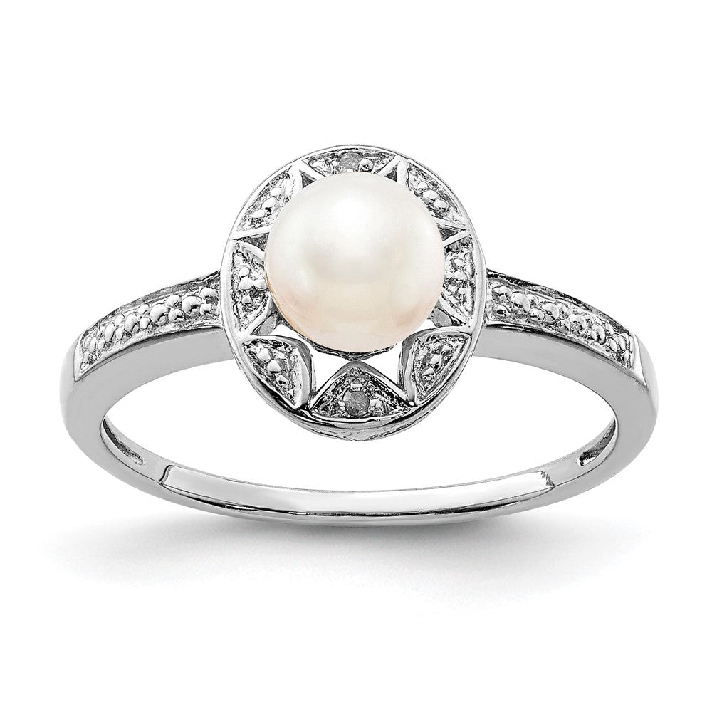 Polished;Sterling silver;Freshwater cultured pearl;Diamond;Rhodium-plated