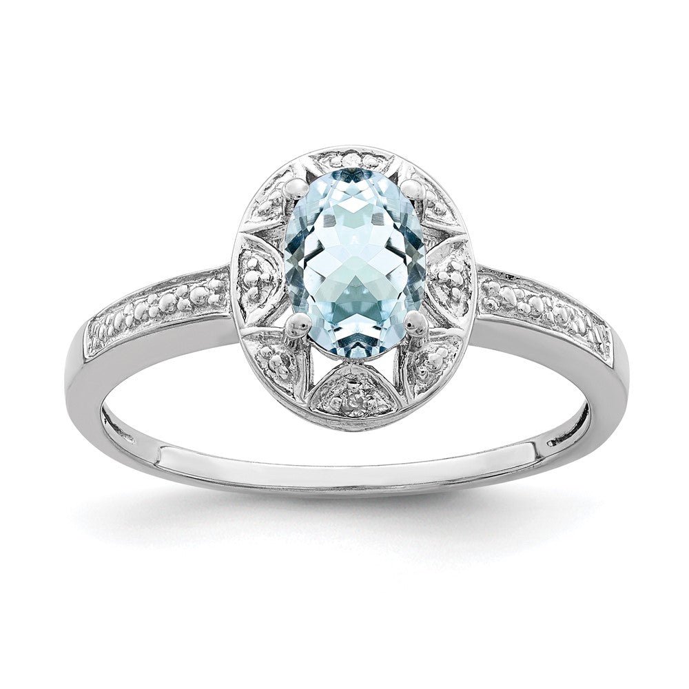 Polished;Sterling silver;Aquamarine;Diamond;Rhodium-plated