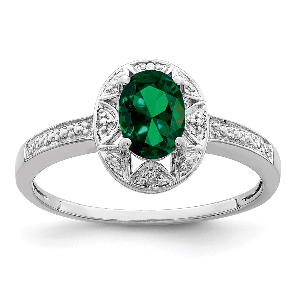 Polished;Sterling silver;Diamond;Rhodium-plated;Created Emerald