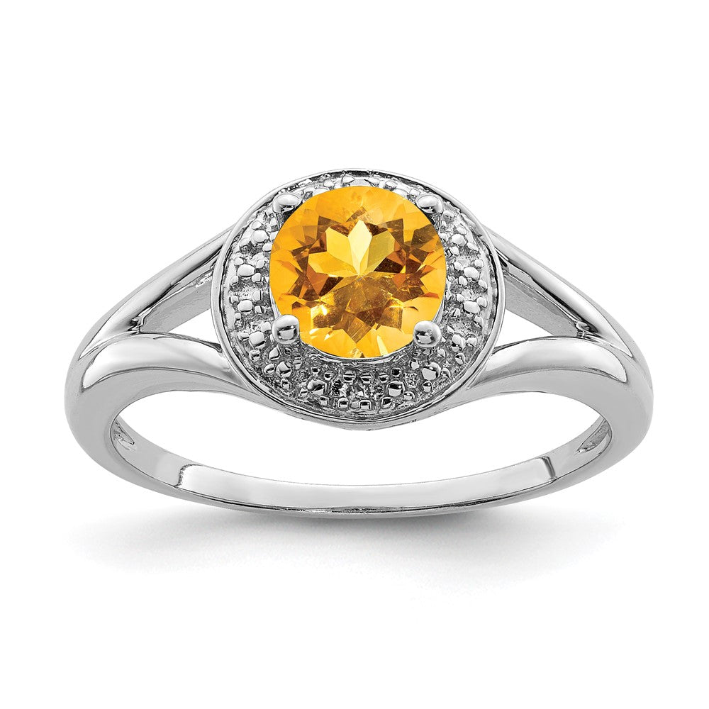 Polished;Sterling silver;Citrine;Diamond;Round;Rhodium-plated