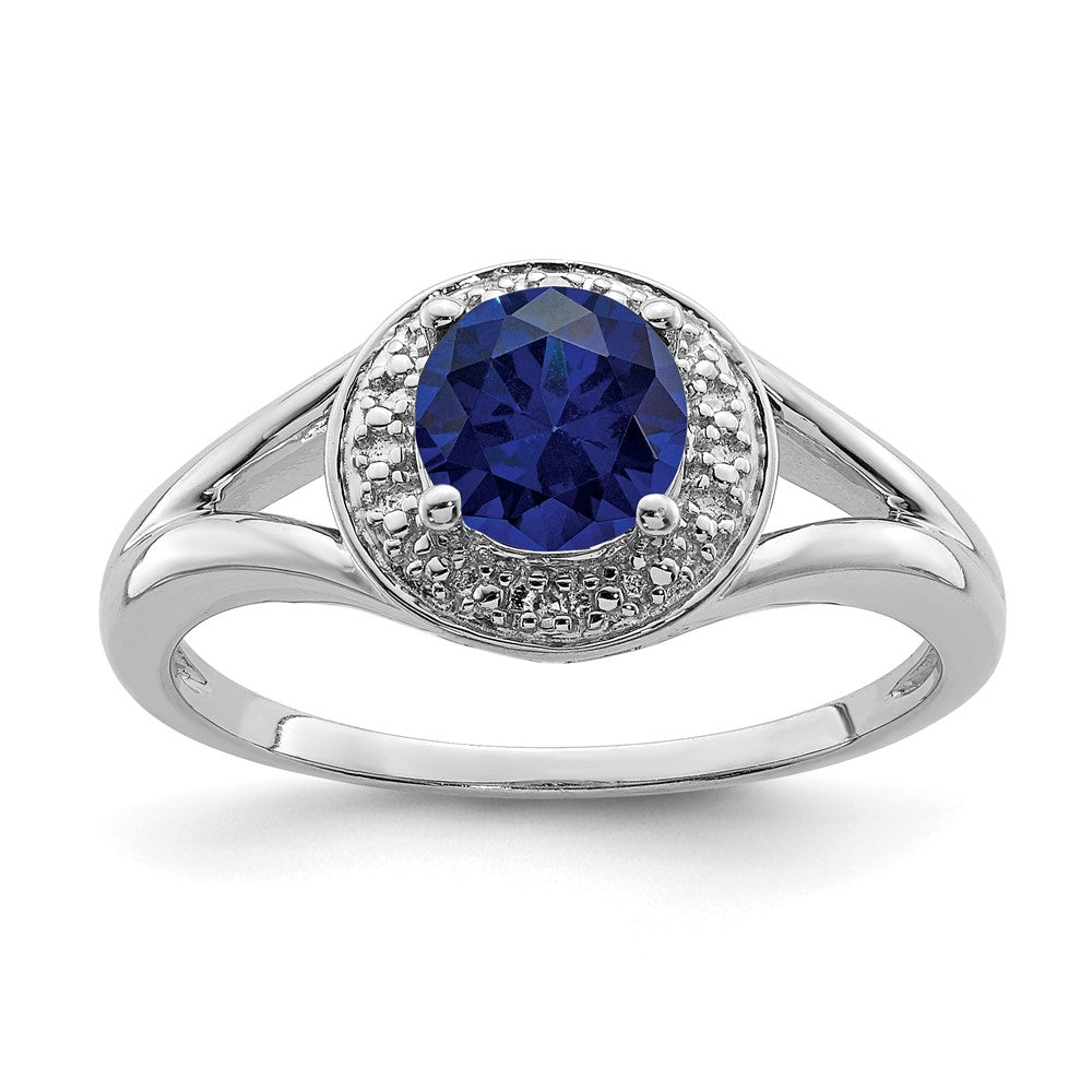 Polished;Sterling silver;Diamond;Round;Rhodium-plated;Created Sapphire