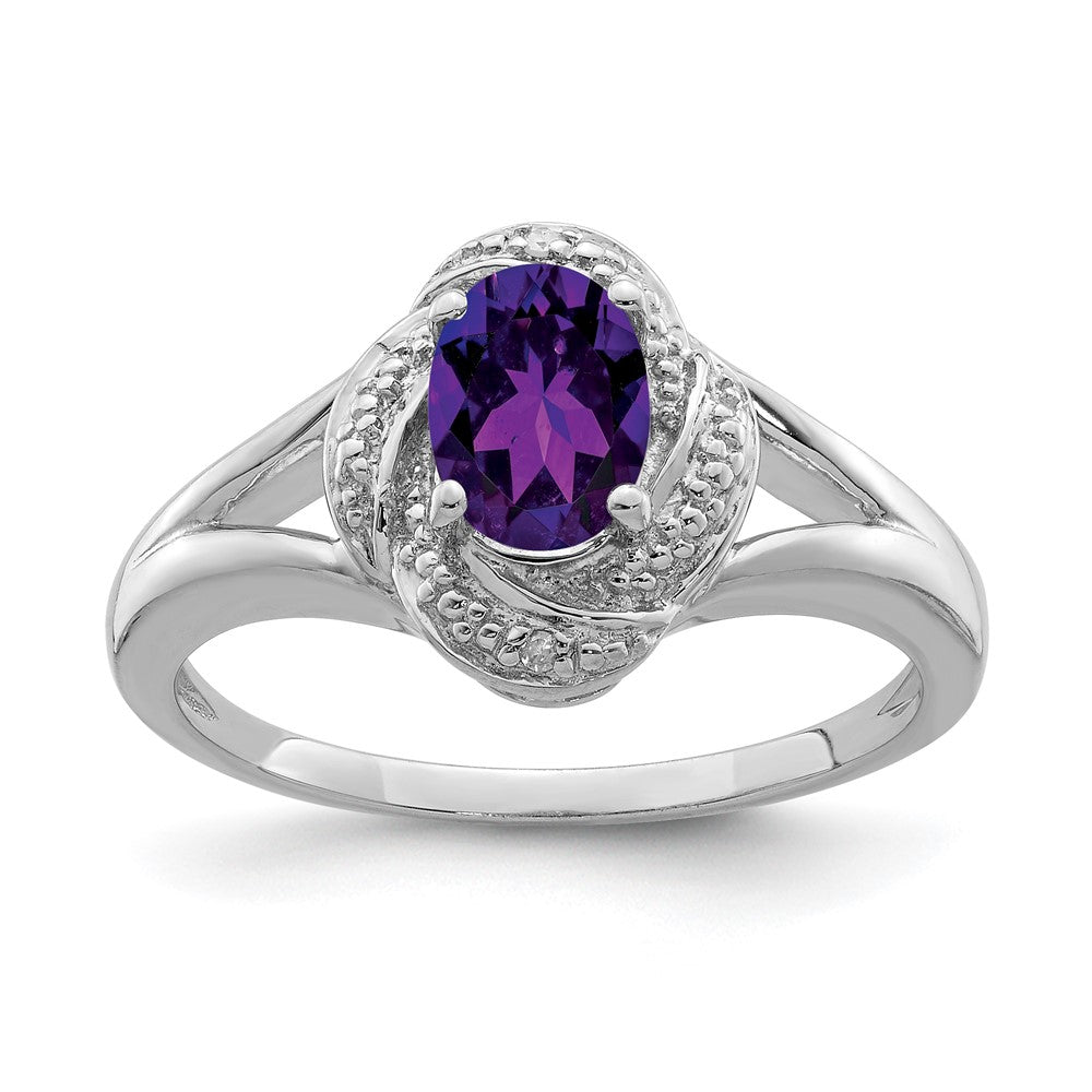 Polished;Sterling silver;Amethyst;Diamond;Rhodium-plated;Oval