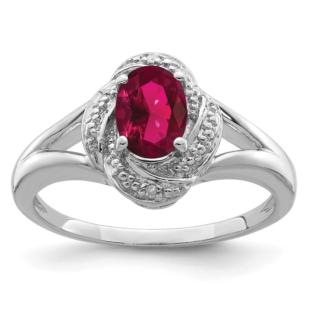 Polished;Sterling silver;Diamond;Rhodium-plated;Oval;Created Ruby