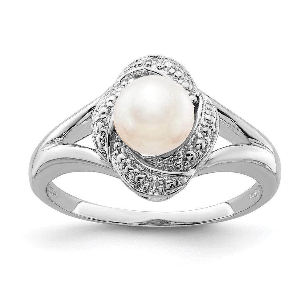Polished;Sterling silver;Freshwater cultured pearl;Diamond;Round;Rhodium-plated