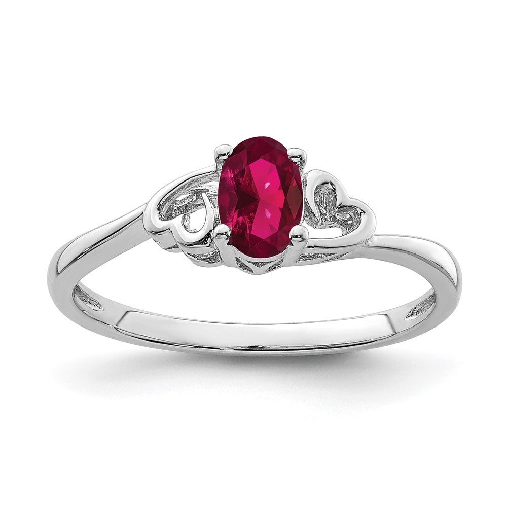 Polished;Open back;Sterling silver;Rhodium-plated;Heart;Created Ruby