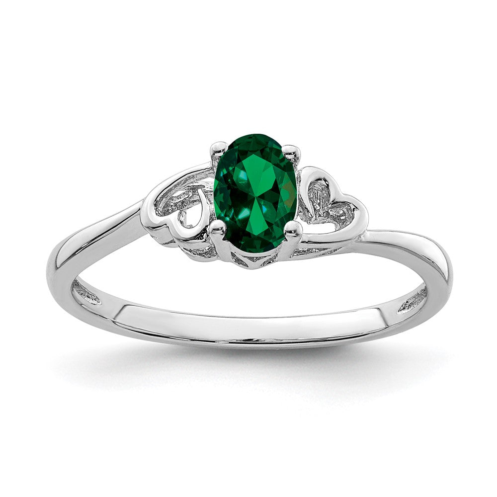 Polished;Open back;Sterling silver;Rhodium-plated;Heart;Created Emerald