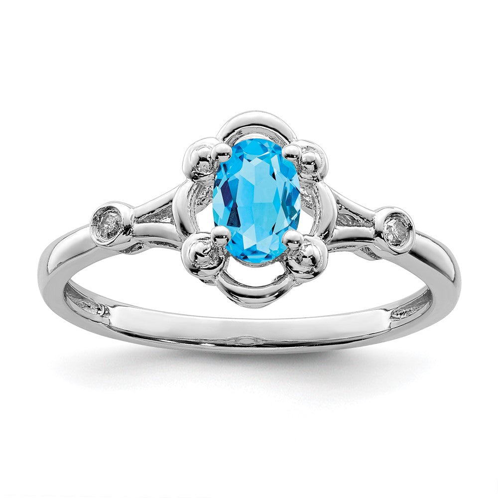 Polished;Open back;Sterling silver;Blue topaz;Diamond;Rhodium-plated
