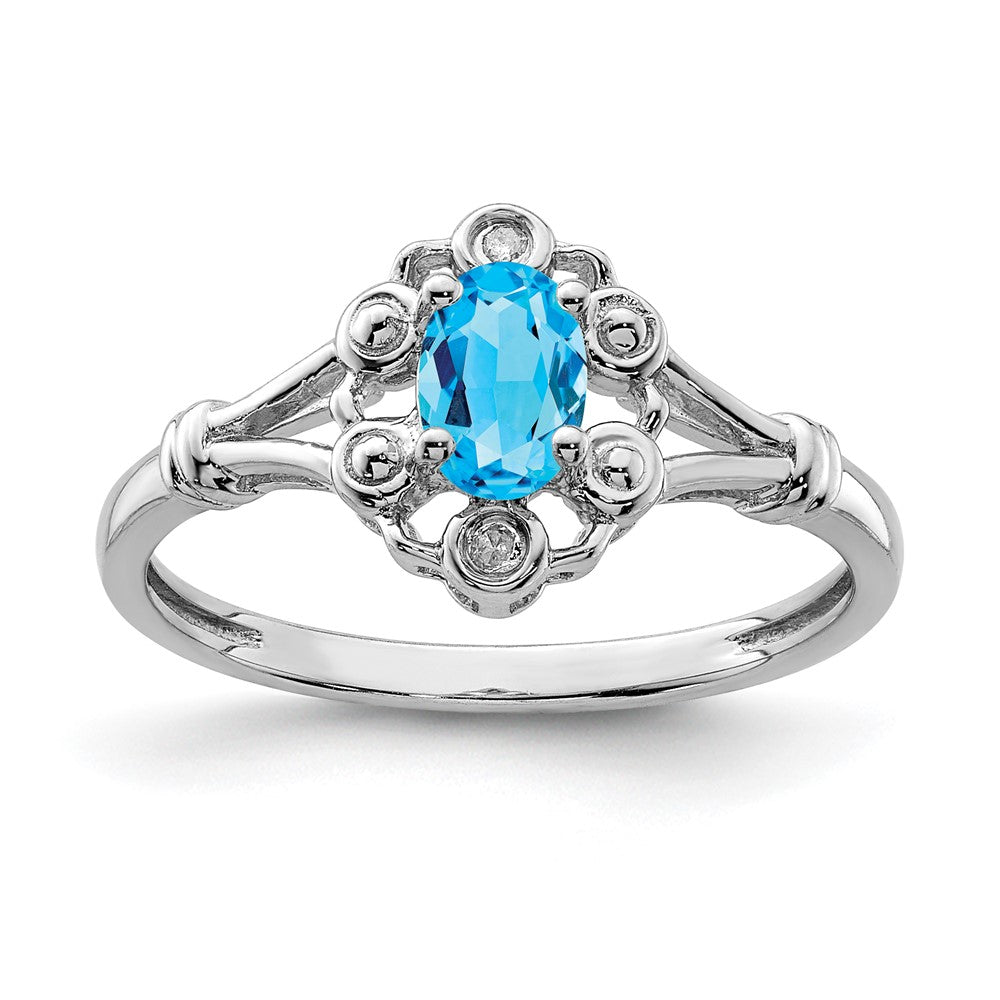 Polished;Open back;Sterling silver;Blue topaz;Diamond;Rhodium-plated