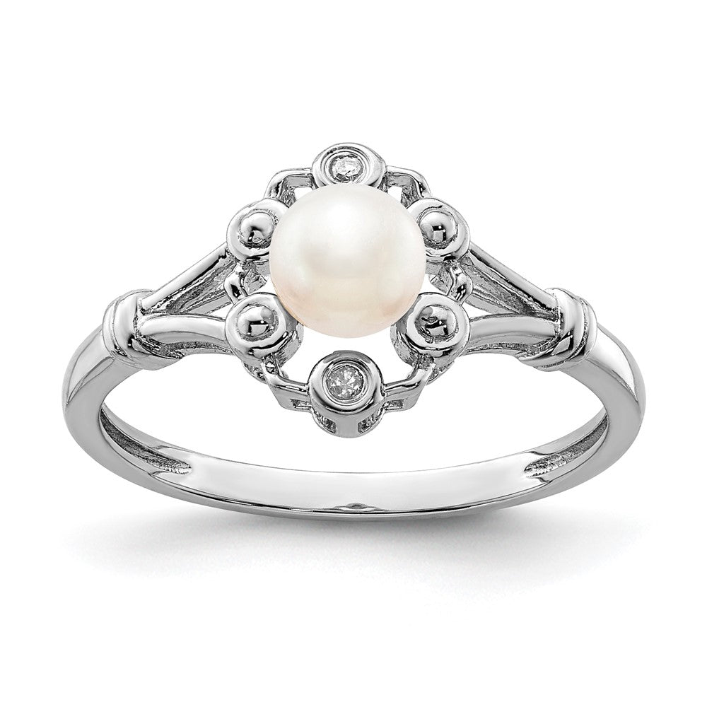 Polished;Open back;Sterling silver;Freshwater cultured pearl;Diamond;Rhodium-plated