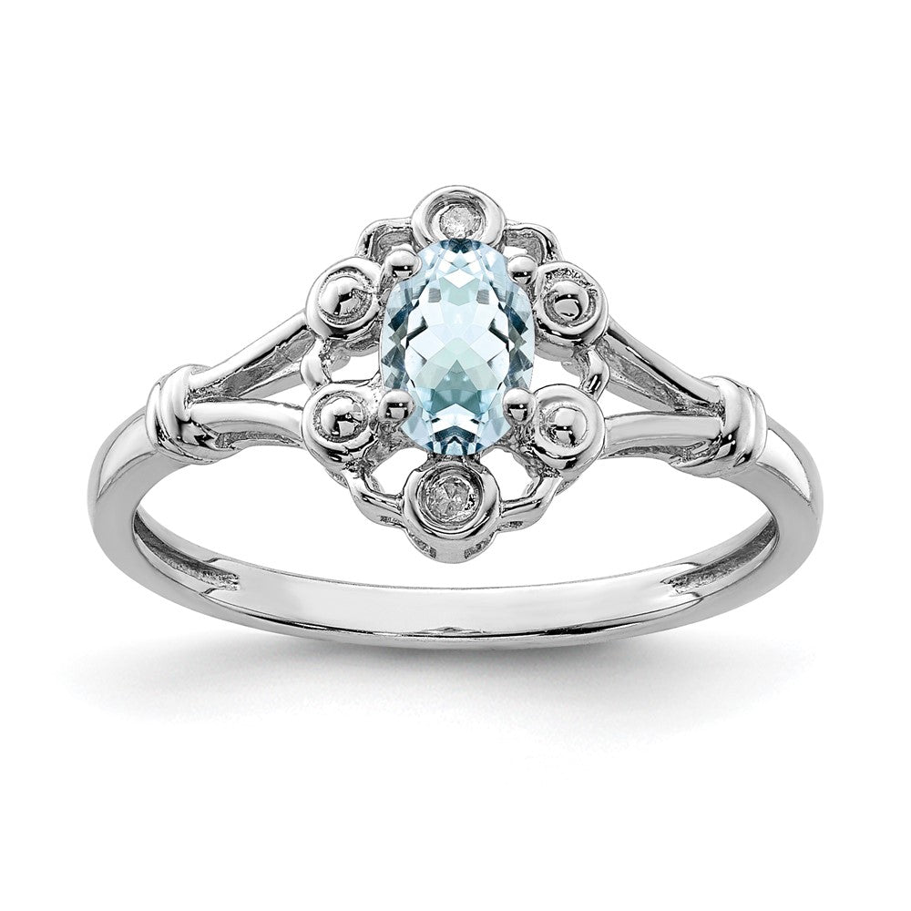 Polished;Open back;Sterling silver;Aquamarine;Diamond;Rhodium-plated