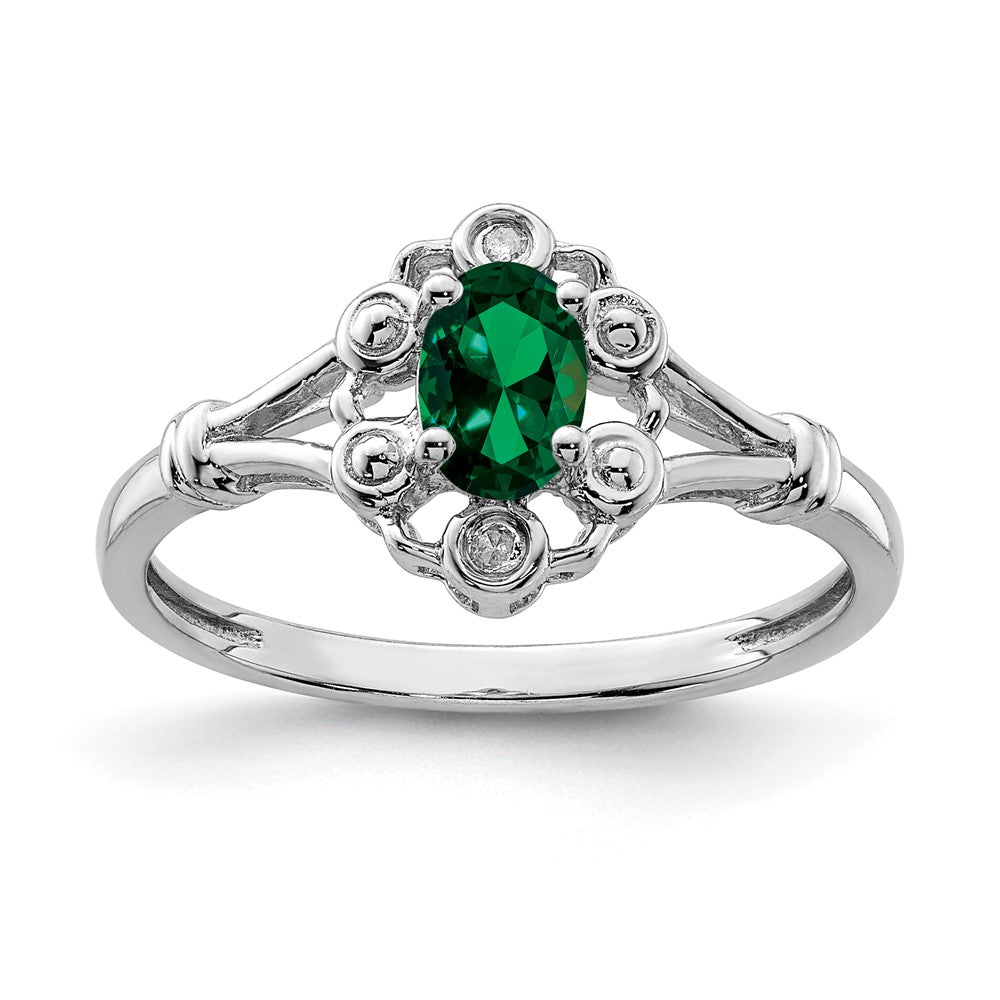 Polished;Open back;Sterling silver;Diamond;Rhodium-plated;Created Emerald