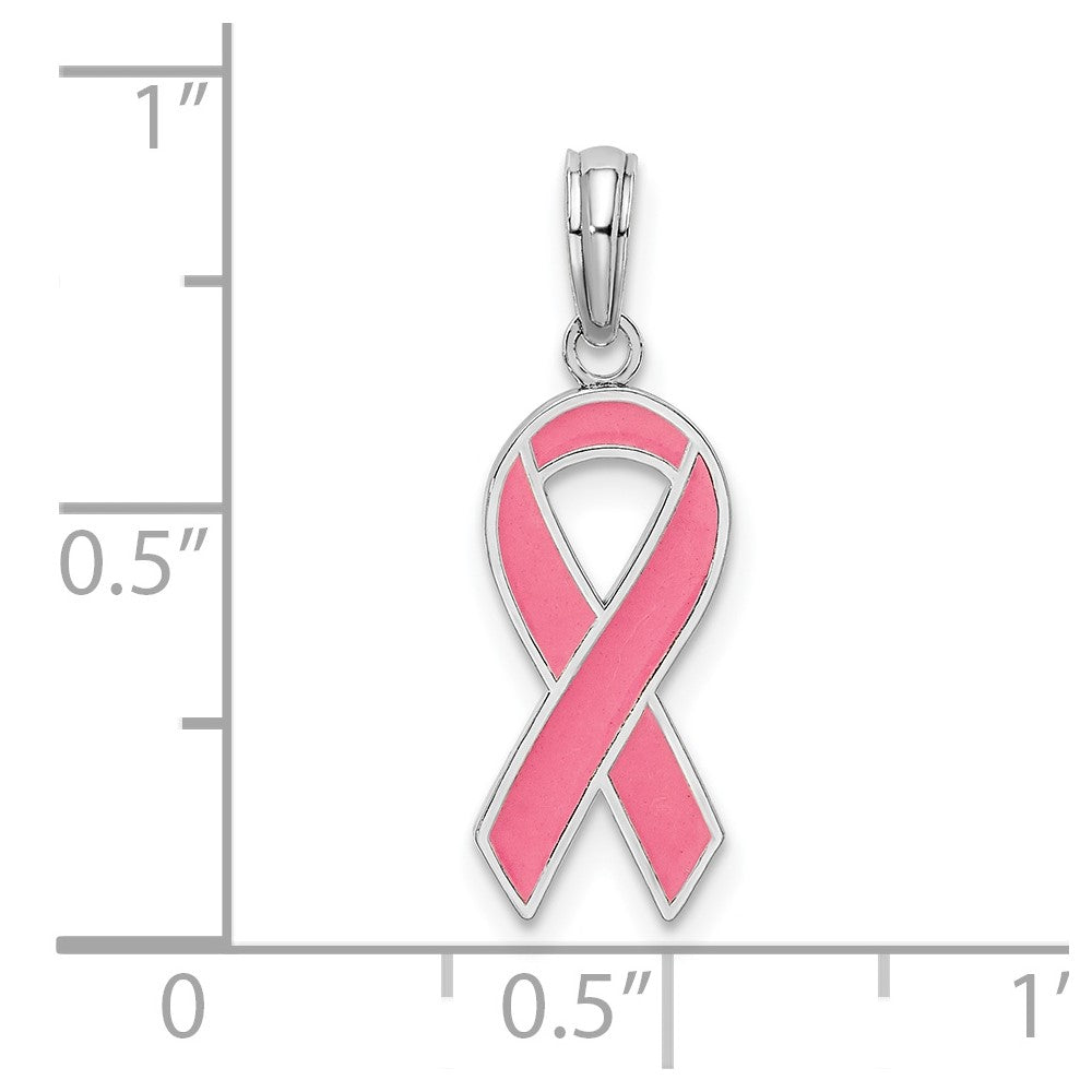De-Ani Sterling Silver Rhodium-Plated Polished Enameled Pink Ribbon Pendant