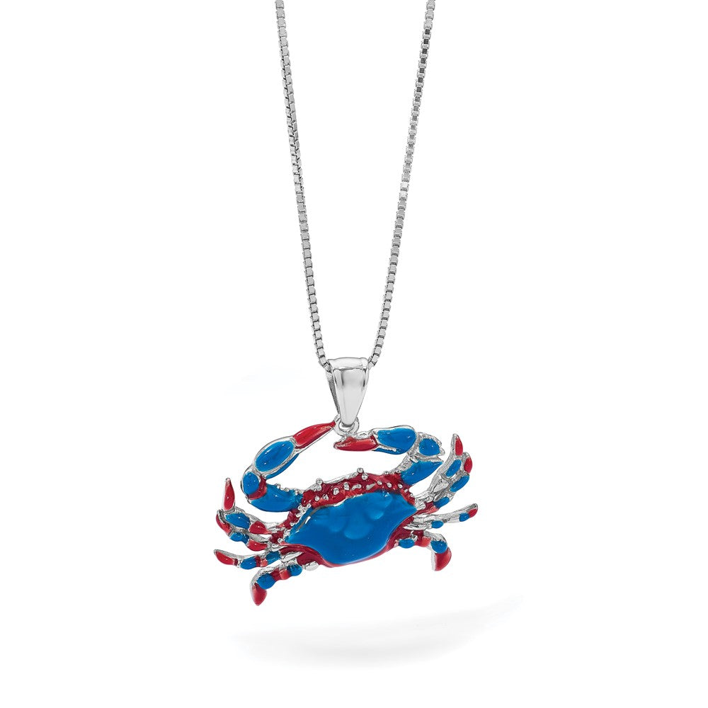 De-Ani Sterling Silver Rhodium-Plated Polished Enameled Blue Crab Pendant