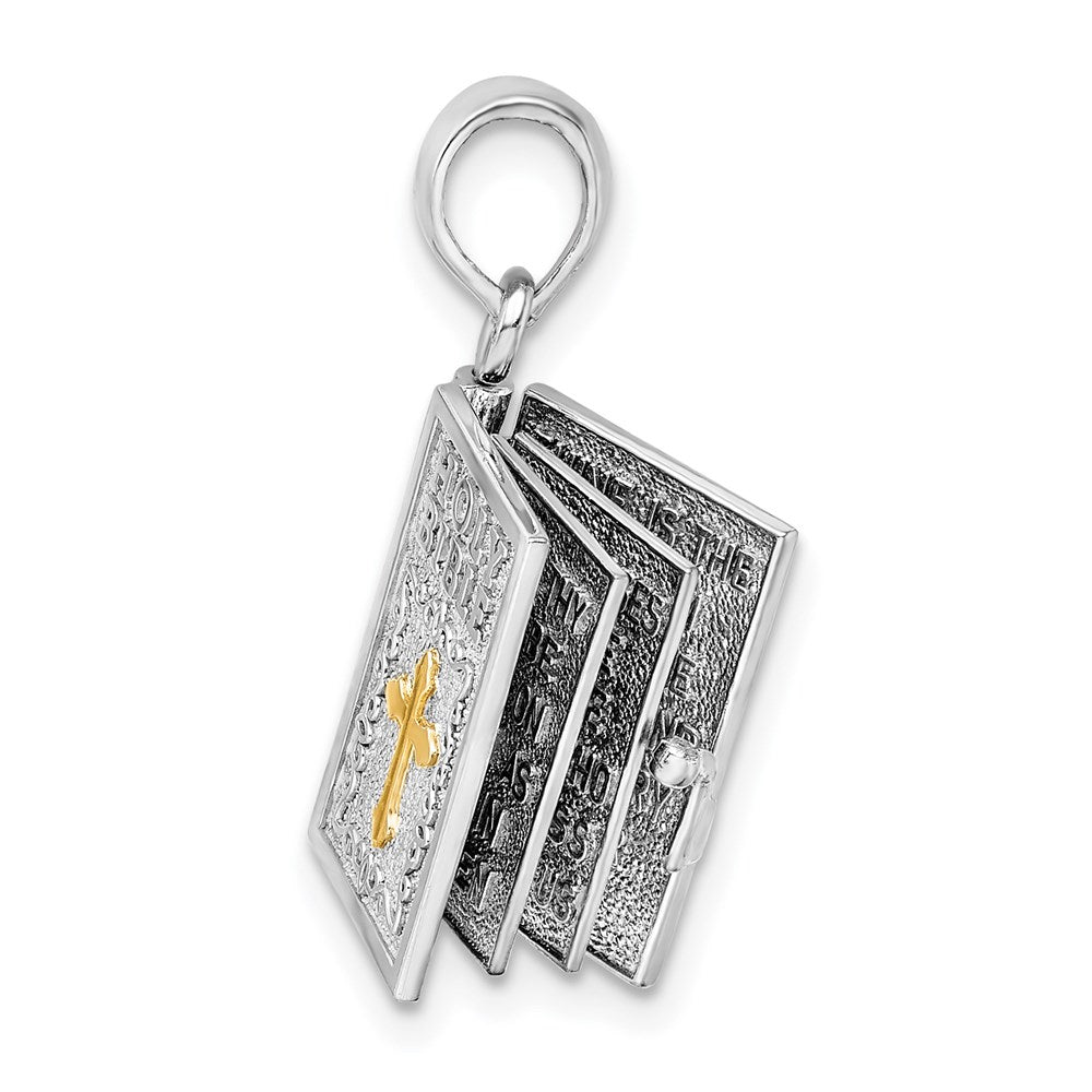 De-Ani Sterling Silver Rhodium-Plated 3D Lords Prayer Holy Bible with 14k Pendant