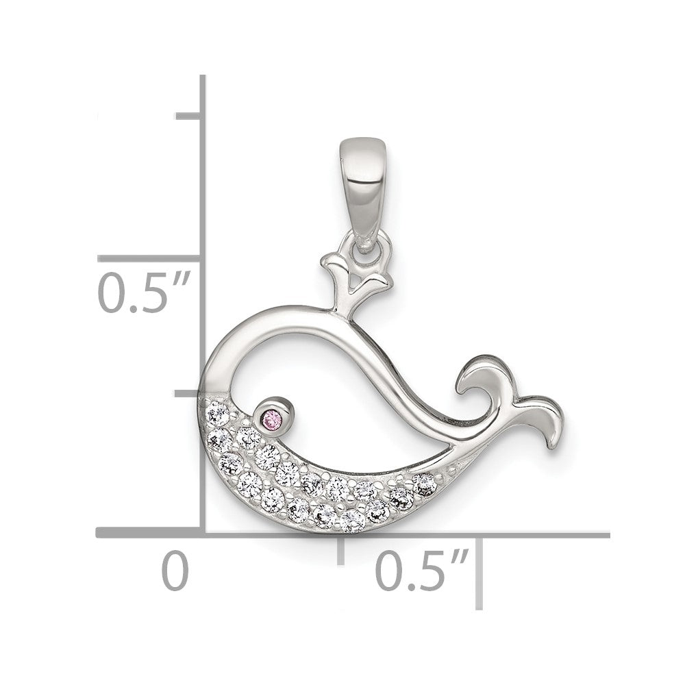 Sterling Silver Polished Pink and White CZ Cut-out Whale Pendant
