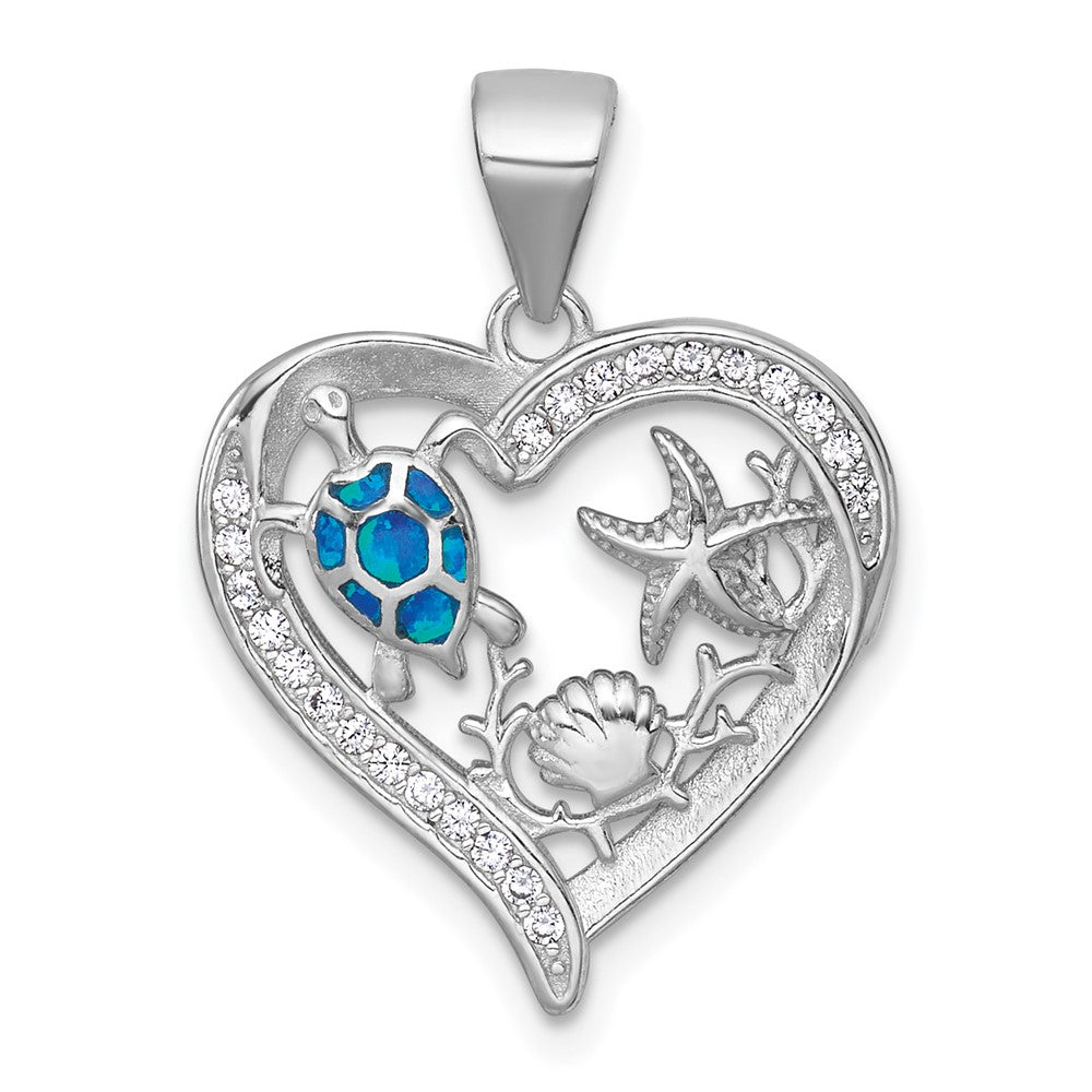 Sterling Silver Rhodium-plated Polished and Textured Blue Lab Created Opal and CZ Sealife Heart Pendant