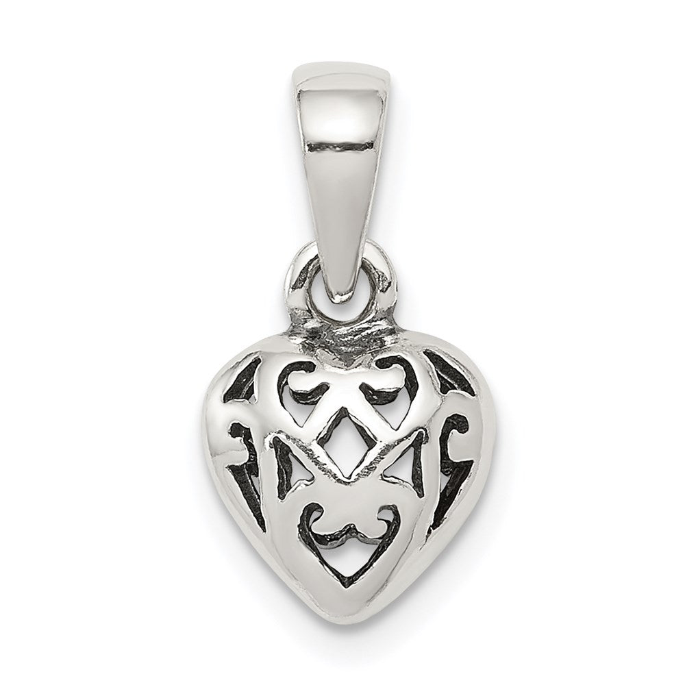 Polished;3-D;Hollow;Antique finish;Sterling silver;Filigree;Heart;Fits up to 3mm