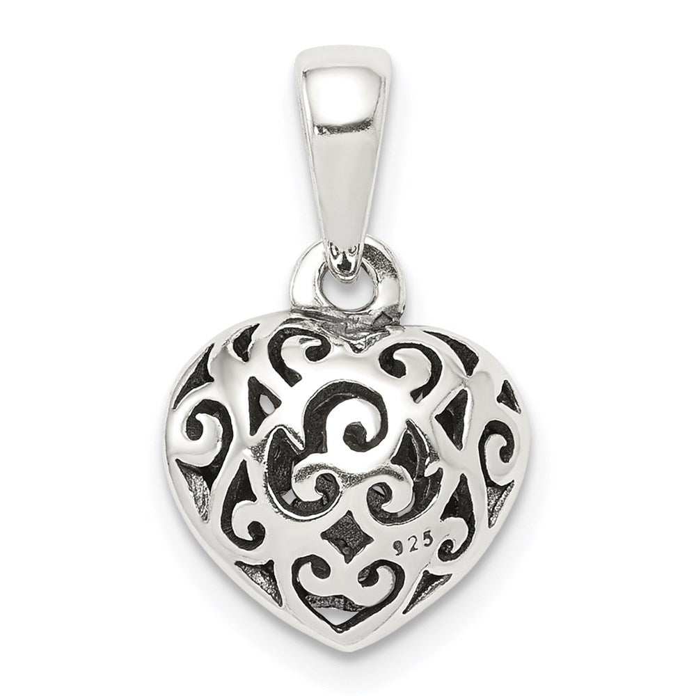 Polished;3-D;Antique finish;Sterling silver;Filigree;Heart;Fits up to 3mm