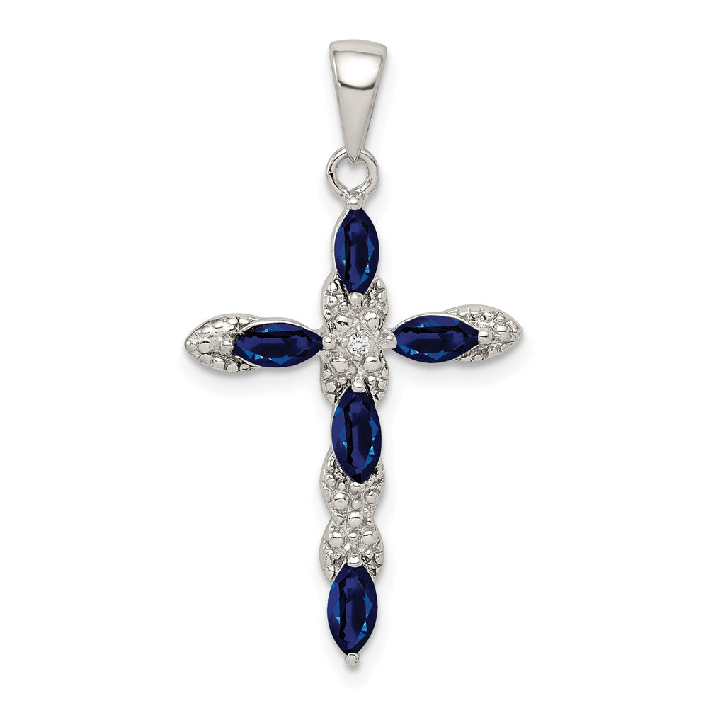 Polished;Open back;Sterling silver;Diamond;Sapphire;Prong set