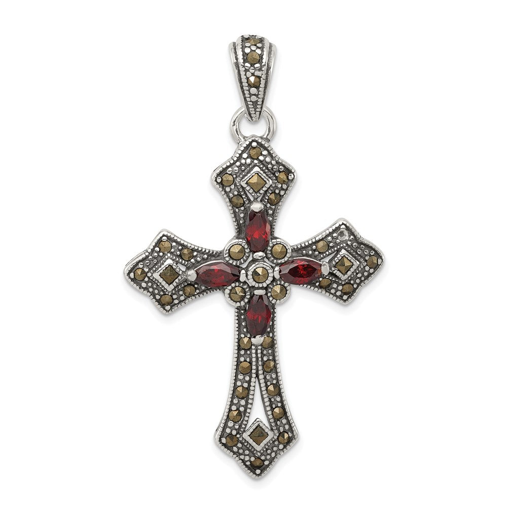Solid;Polished;Open back;Antique finish;Sterling silver;Marcasite;Red CZ