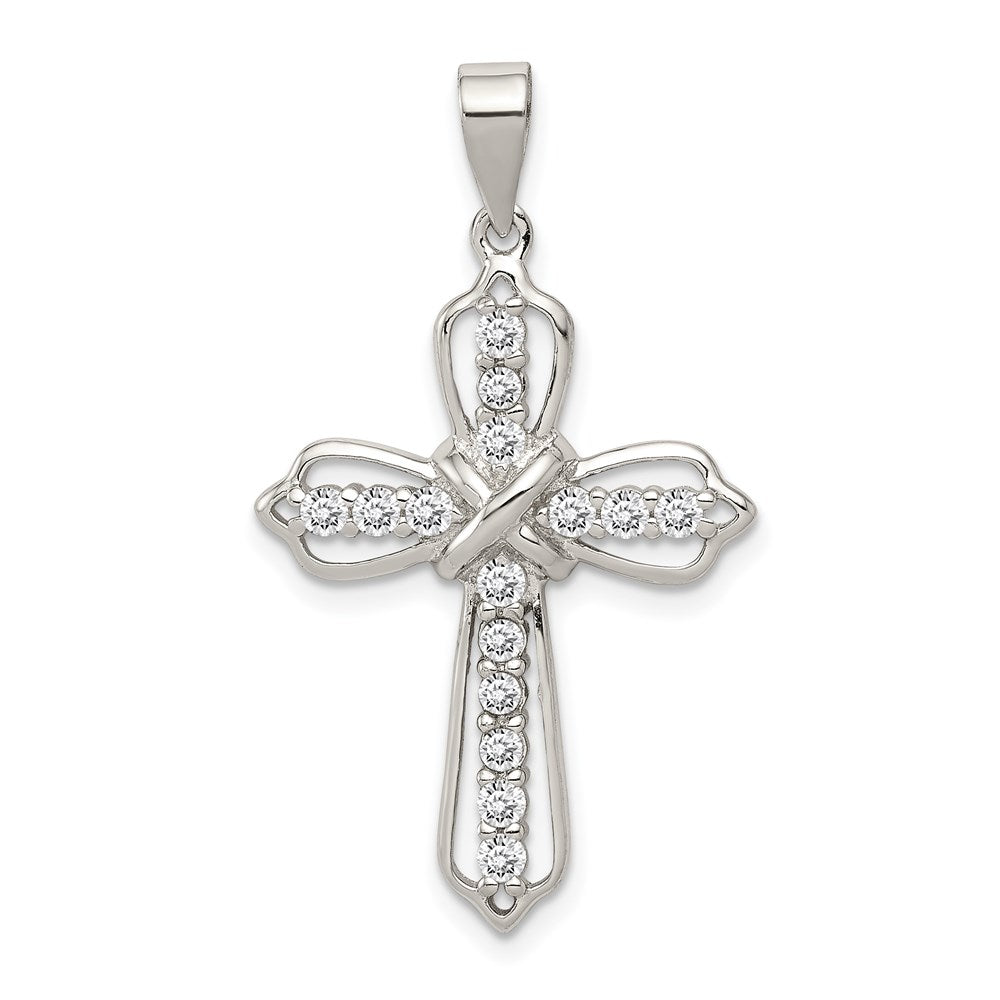 Polished;Open back;Sterling silver;CZ;Rhodium-plated