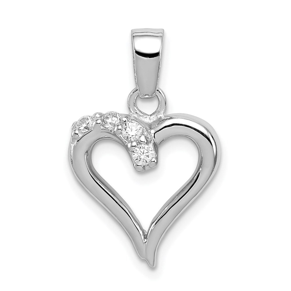 Solid;Polished;Sterling silver;CZ;Rhodium-plated;Heart;Open;Fits up to 4mm