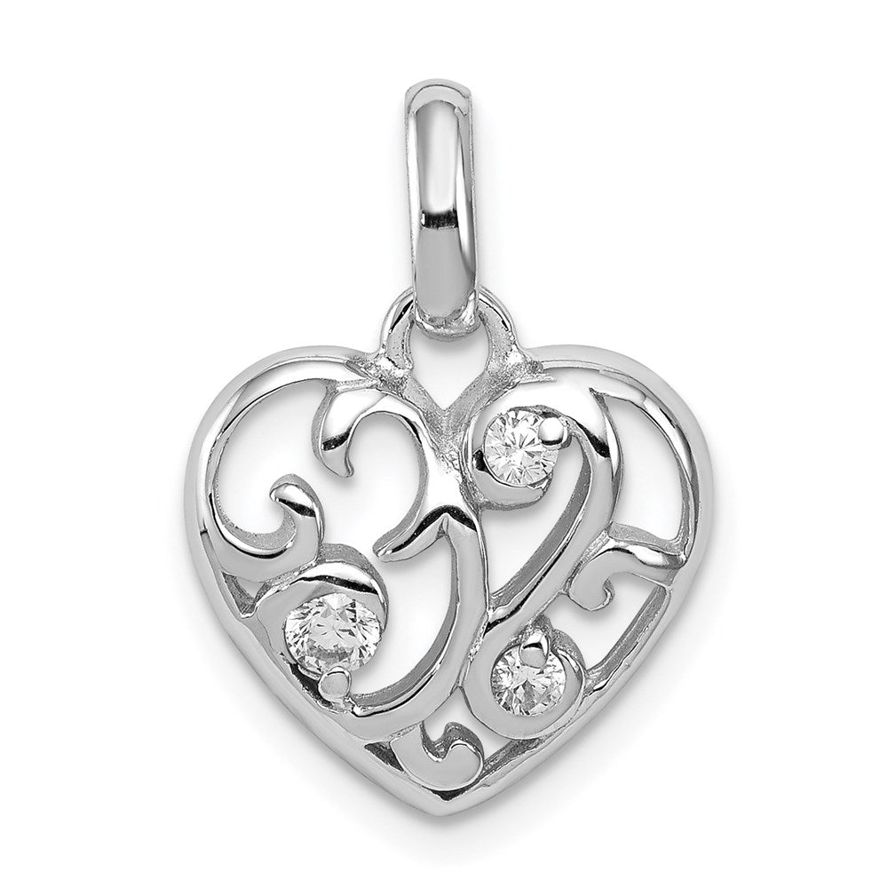 Polished;Sterling silver;CZ;Rhodium-plated;Heart;Open;Fits up to 4mm