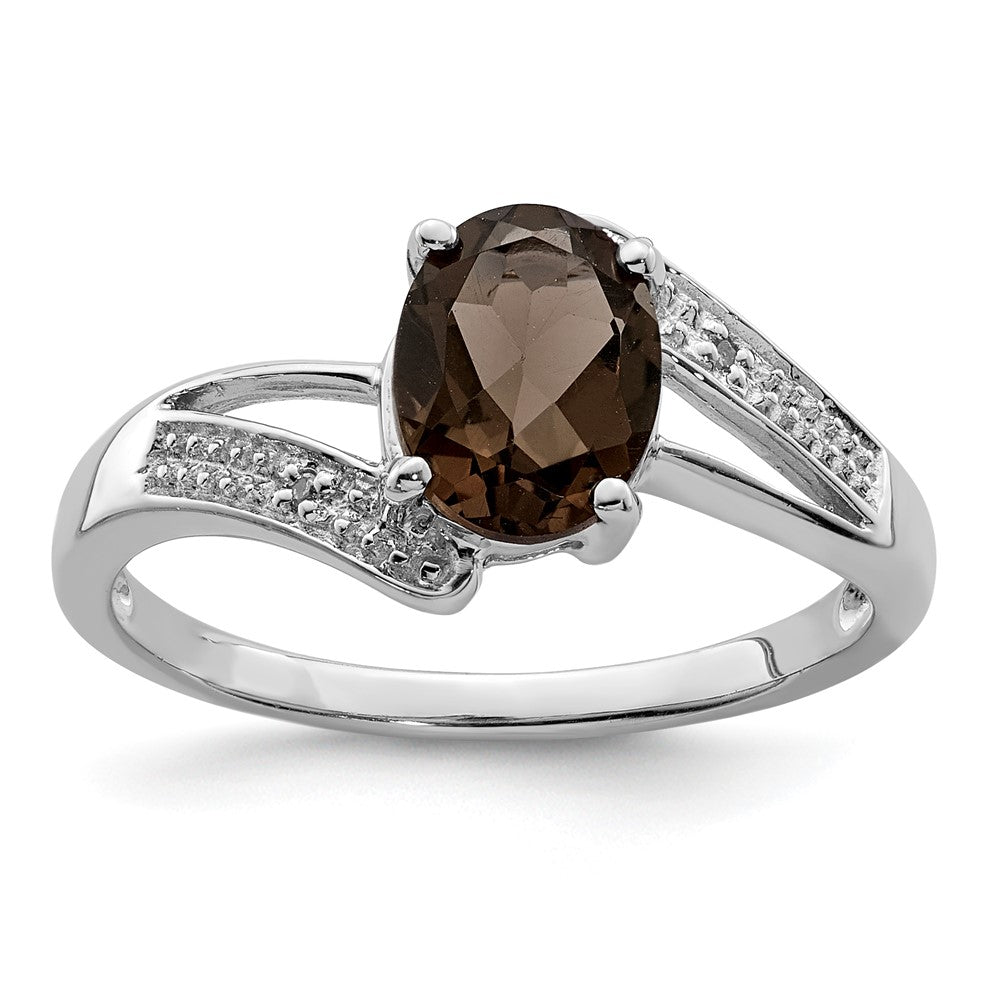 Polished;Open back;Sterling silver;Diamond;Smokey quartz;Rhodium-plated;Oval
