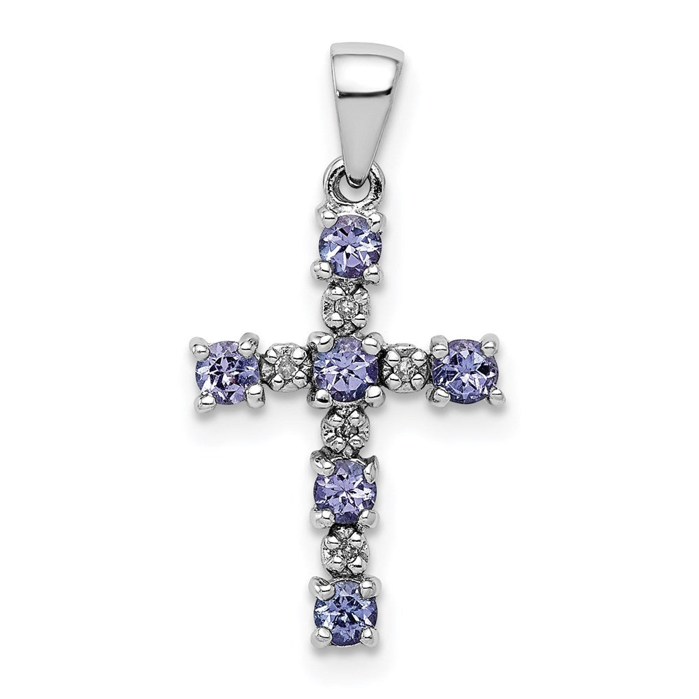Polished;Sterling silver;Diamond;Tanzanite;Prong set;Rhodium-plated;Fancy cut-out back
