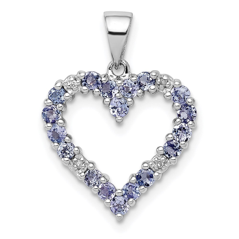 Polished;Sterling silver;Diamond;Tanzanite;Prong set;Rhodium-plated;Fancy cut-out back