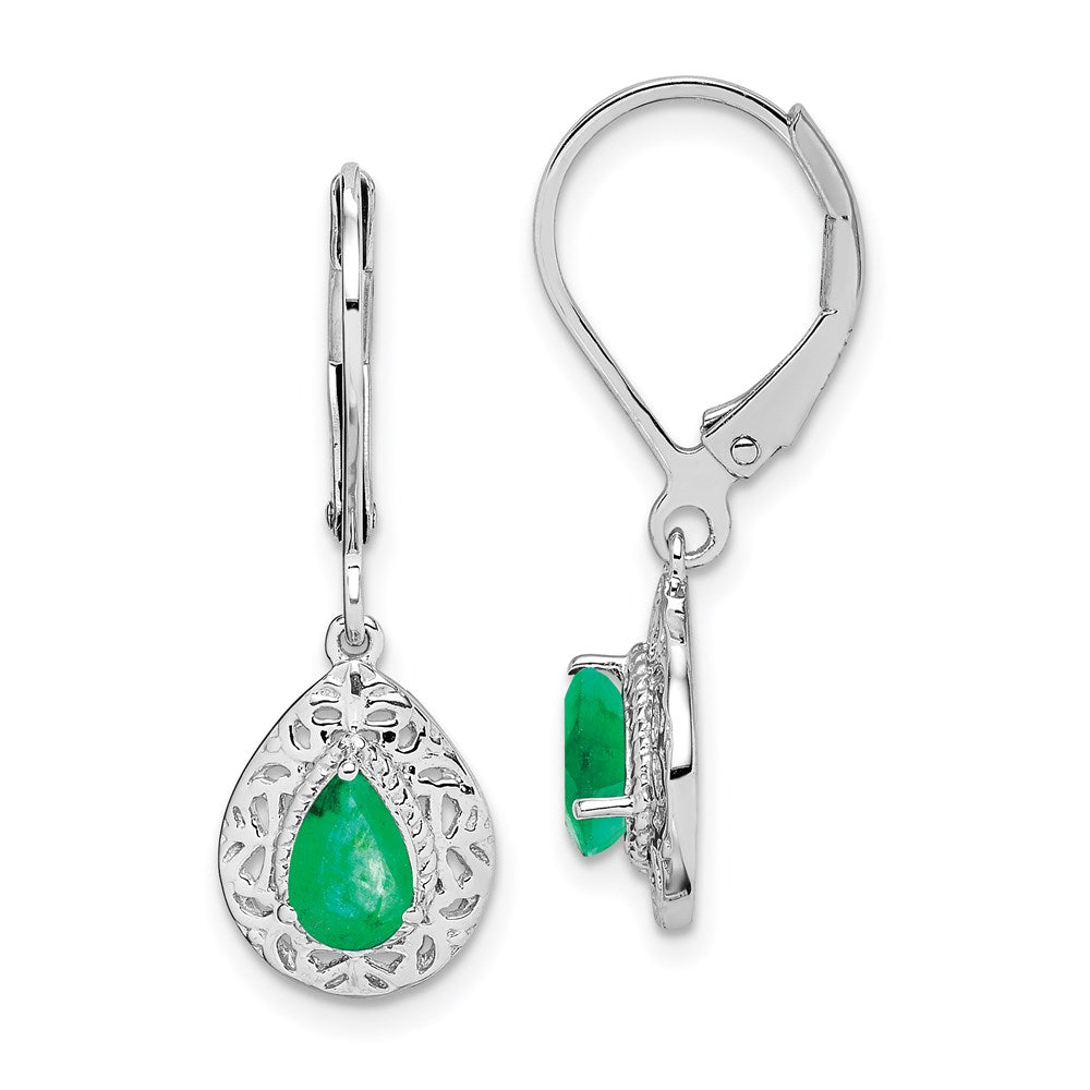 Solid;Polished;Open back;Leverback;Sterling silver;Emerald;Dangle;Rhodium-plated;Pear