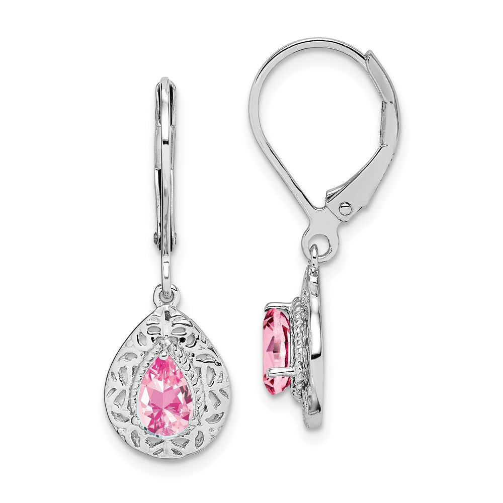 Polished;Leverback;Sterling silver;Pink tourmaline;Dangle;Rhodium-plated