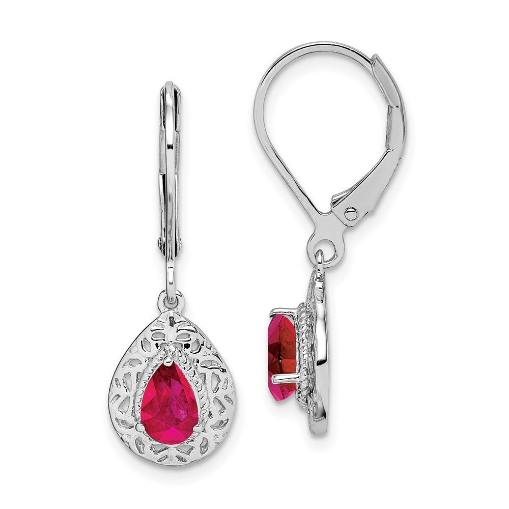 Polished;Open back;Leverback;Sterling silver;Ruby;Dangle;Rhodium-plated;Pear