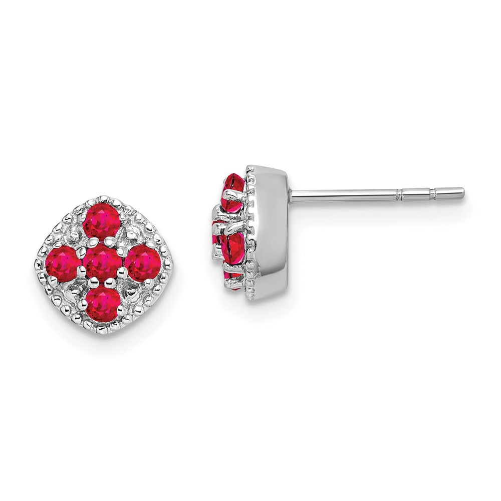 Solid;Polished;Post;Sterling silver;Ruby;Rhodium-plated