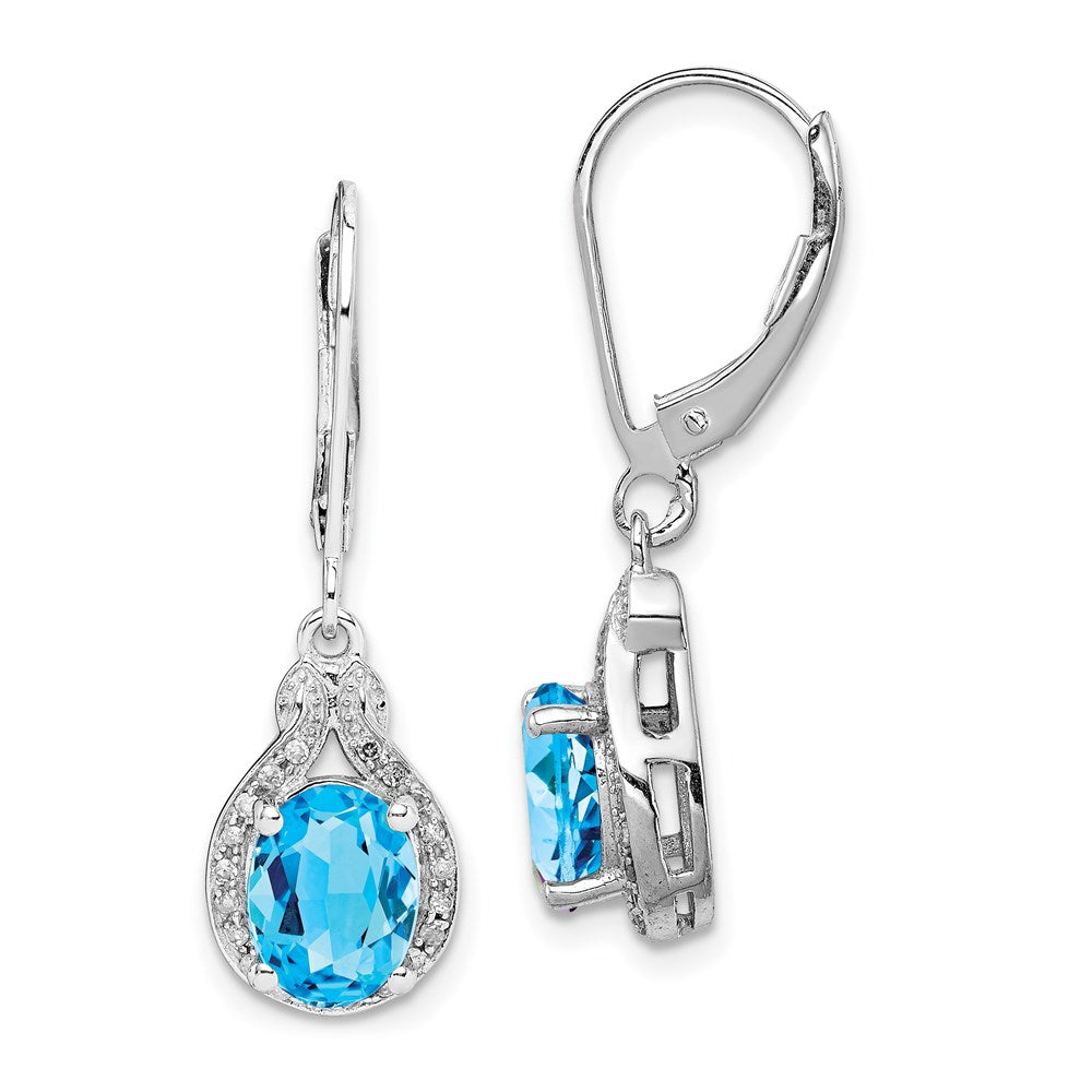 Polished;Leverback;Sterling silver;Blue topaz;Diamond;Dangle;Rhodium-plated