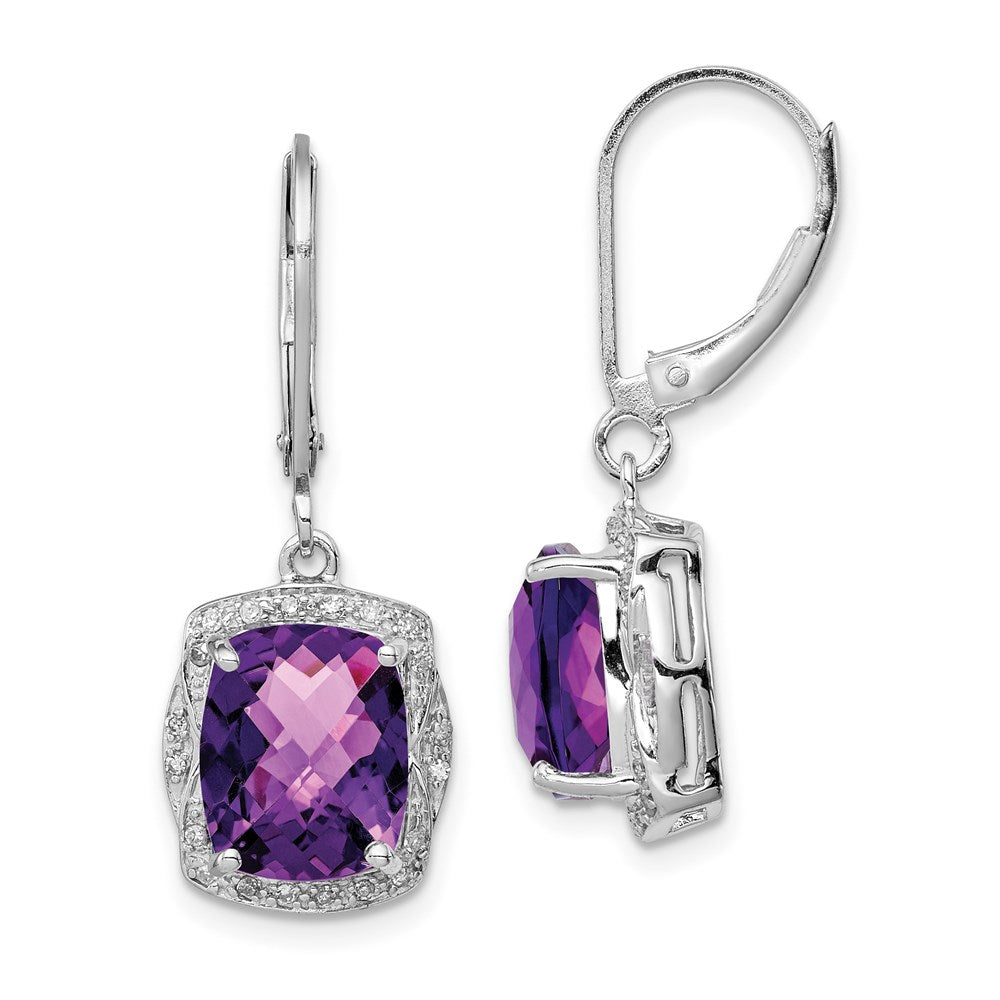Polished;Open back;Leverback;Sterling silver;Amethyst;Diamond;Dangle;Rhodium-plated