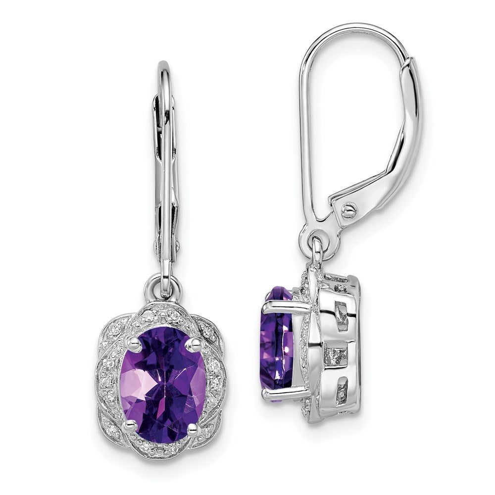 Polished;Open back;Leverback;Sterling silver;Amethyst;Diamond;Dangle;Rhodium-plated