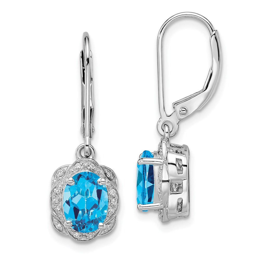 Polished;Leverback;Sterling silver;Blue topaz;Diamond;Dangle;Rhodium-plated