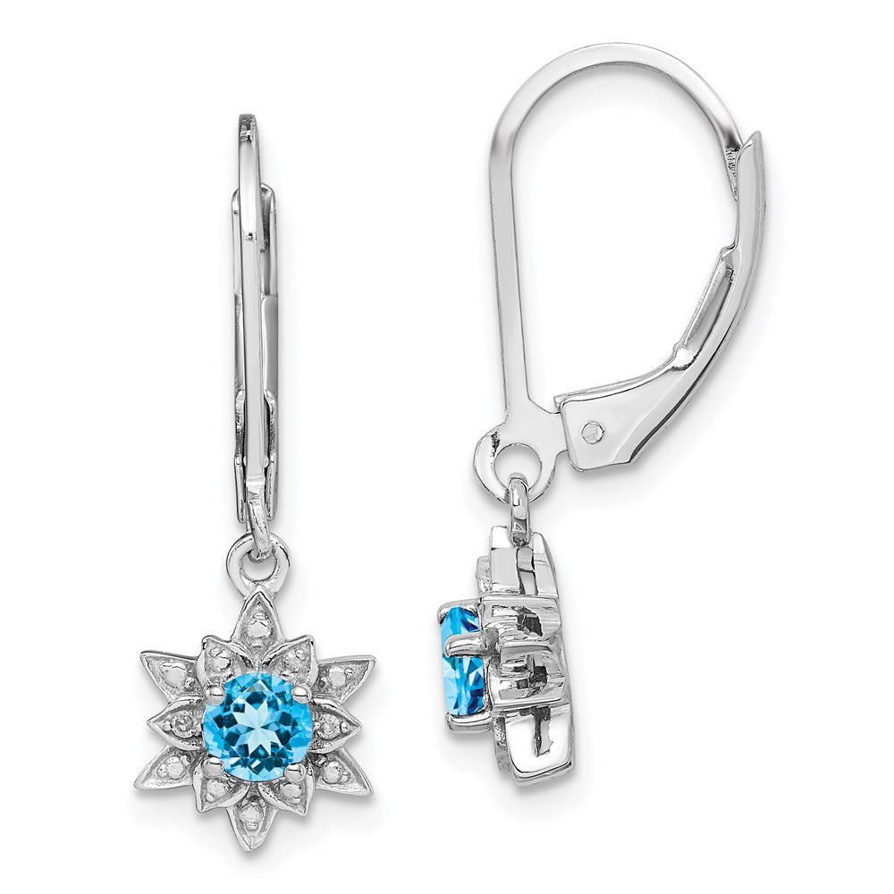 Polished;Leverback;Sterling silver;Blue topaz;Diamond;Dangle;Rhodium-plated