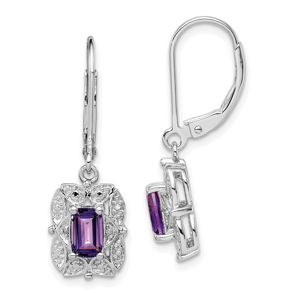 Polished;Open back;Leverback;Sterling silver;Amethyst;Diamond;Dangle;Rhodium-plated
