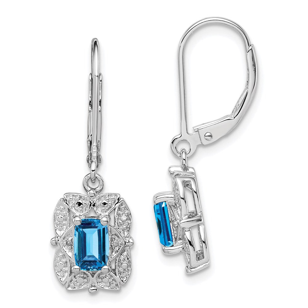 Polished;Leverback;Sterling silver;Blue topaz;Diamond;Dangle;Rhodium-plated