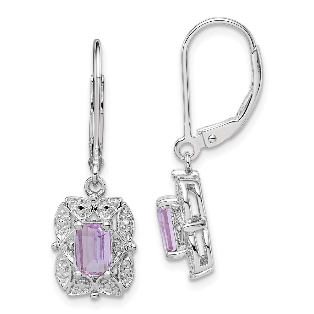 Polished;Leverback;Sterling silver;Diamond;Pink quartz;Dangle;Rhodium-plated