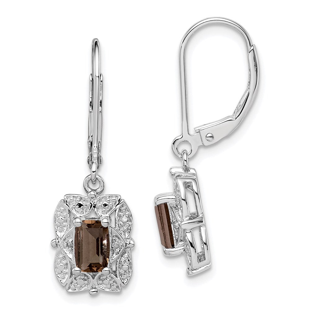 Polished;Leverback;Sterling silver;Diamond;Smokey quartz;Dangle;Rhodium-plated
