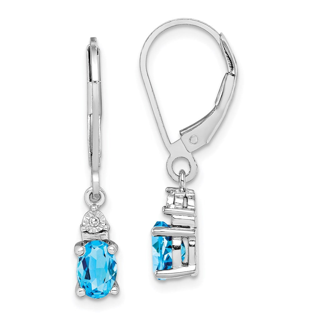 Polished;Leverback;Sterling silver;Blue topaz;Diamond;Dangle;Rhodium-plated