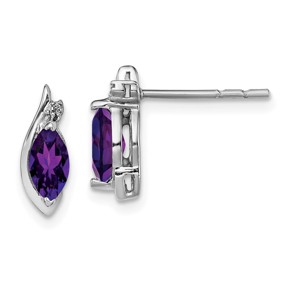 Polished;Open back;Post;Sterling silver;Amethyst;Diamond;Rhodium-plated;Marquise