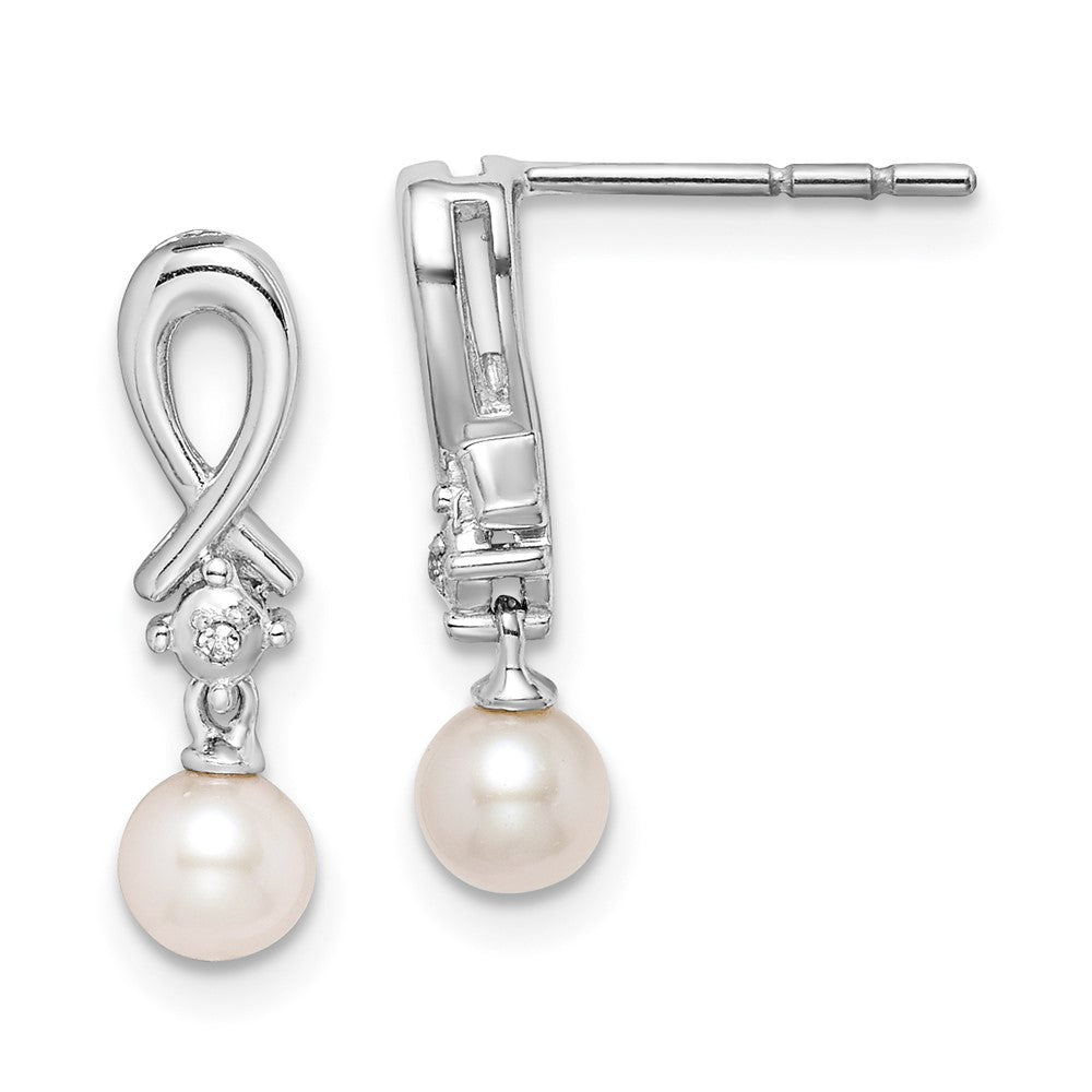 Polished;Post;Sterling silver;Freshwater cultured pearl;Diamond;Dangle;Rhodium-plated